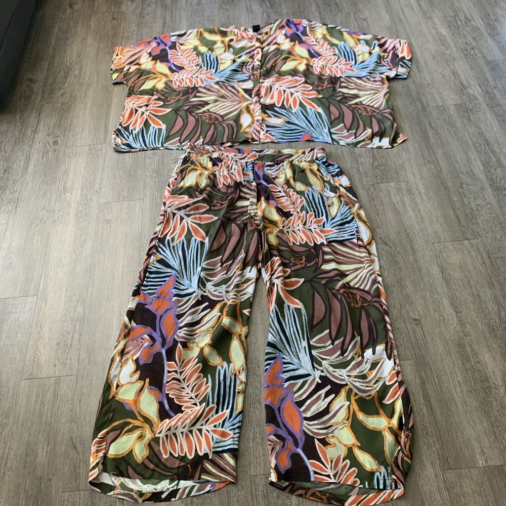 Ulla Popken Plus Size 24/26 Tropical Print Top and Pants Set Multicolor 2830